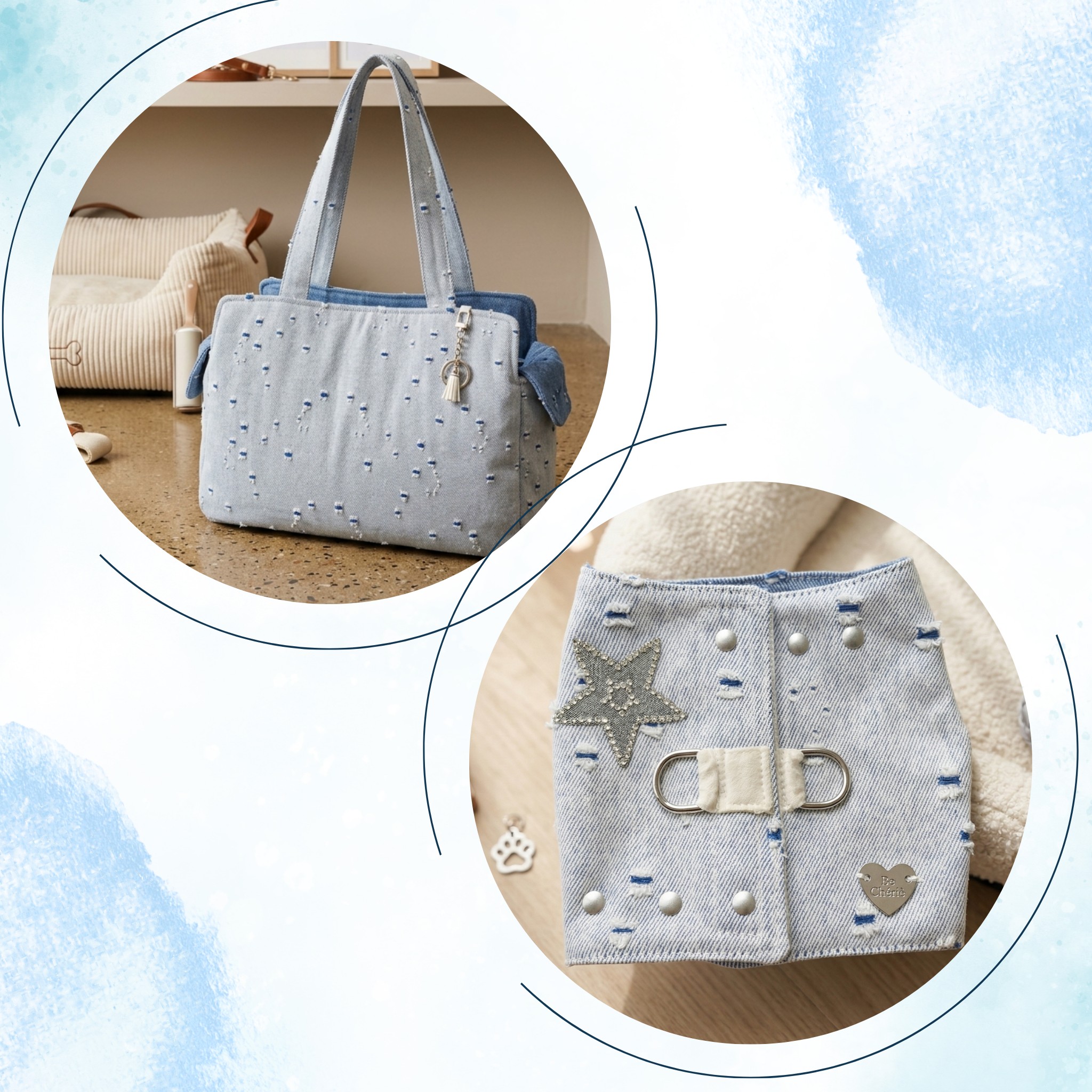 Pack Promo Denim Blue: Borsa per cani Tote + Pettorina Gilet Rock Glitter